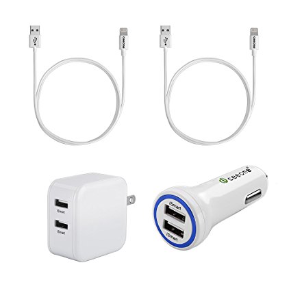 [Apple MFi Certified] Ceeone 4-in-1 Charger Kit including Wall Charger, Car Charger and [2 Pack] Lightning to USB Cables