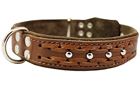 Genuine Leather Braided Studded Dog Collar, Brown 1.5" Wide. Fits 17"-22" Neck