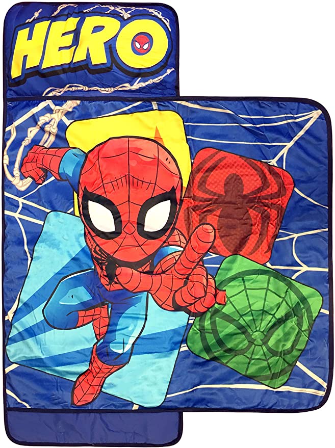 Marvel Super Hero Adventures Spidey Squares Nap Mat - Built-in Pillow and Blanket Featuring Spiderman - Super Soft Microfiber Kids'/Toddler/Children's Bedding, Ages 3-5 (Official Marvel Product)