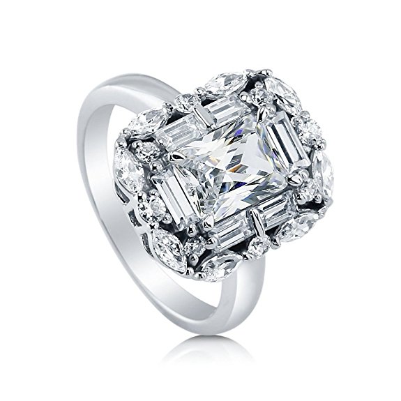 BERRICLE Rhodium Plated Silver Radiant Cut Cubic Zirconia CZ Art Deco Halo Engagement Ring 3.04 CTW