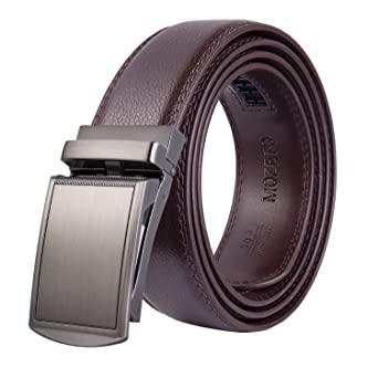 MOZETO Men's Belt, Genuine Leather Click Ratchet Dress Belt for Men with Automatic Sliding Buckle, Elegant Gift Box