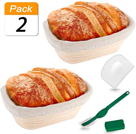 10 Inch Oval Bread Proofing Basket Includes Linen Liner, Dough Scraper and Bread Lame Rising Dough Baking Bowl Gifts for Professional & Home Bakers(2 Set) (2pack Oval)
