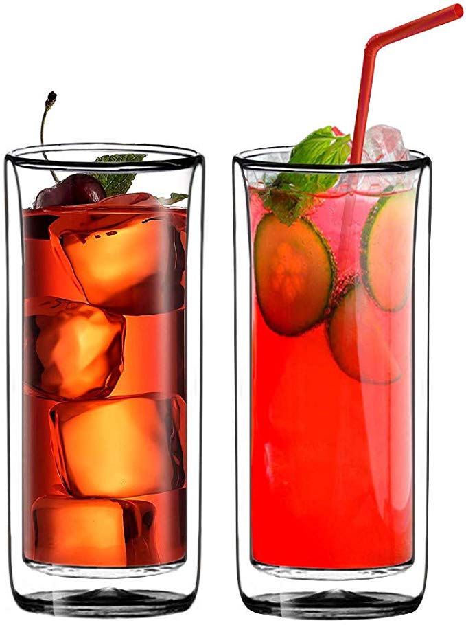 Sun's Tea(TM) (Set of 2) 20oz Ultra Clear Strong Double Wall Insulated Thermo Glass Tumbler V3 Highball Glass for Beer/cocktail/lemonade/iced Tea (Real Borosilicate Glass, Not Plastic) by Sun's Tea