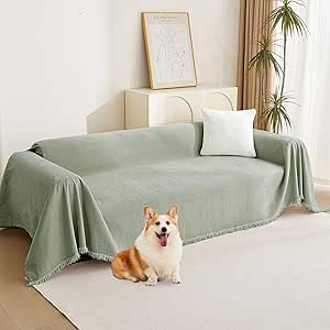 MYSKY HOME Green Sofa Covers Tassel Couch Cover for Pet Dogs Sage Couch Cushion Covers for L Shape Universal Chenille Sofa Throw Cover Washable Sectional Couch Covers for Living Room, 71" X102"