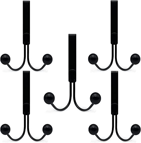 HILELIFE 5 Pack Over The Door Hooks for Clothes, Metal Over The Door Hanger 2 Hooks Over Door Hooks for Hanging Coats, Bags, Pants, Hats, Scarves, Fit Doors Up to 1.4 in (Black)