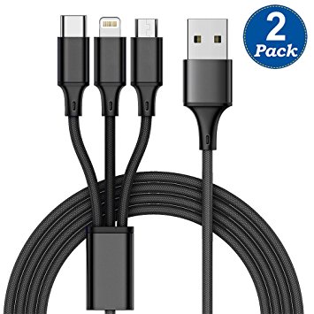 KINGBACK Multi Charger Cable 2Pack 4FT Nylon Braided Universal 3 in 1 Multiple USB Charging Cord Adapter With Lightning/Type-C/Micro USB Port Connectors for iPhone 8,7,6s,6/iPad/S8,Note 8