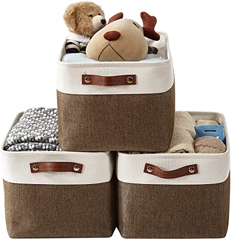 DECOMOMO Foldable Storage Bin | Rugged Canvas Fabric Cube Container with Handles | Great for Organizing Closets, Offices and Homes (Brown/White, Large - 38x28x24cm)