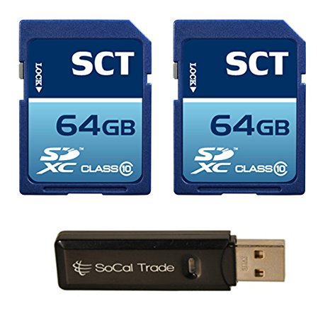 SCT 64GB Class 10 SD XC Memory Card (2-Pack) with Dual Slot Card Reader