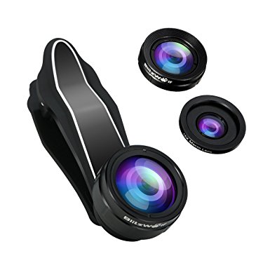 Phone Camera Lens, BlitzWolf 230 Degree Fisheye Lens 0.63X Wide Angle Lens 15X Macro Len 3 in 1 Universal Lens Kit with Clip for iPhone Samsung Android Smartphones