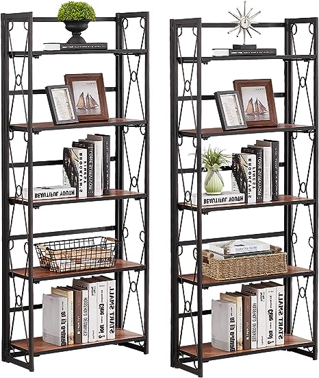 VECELO 5 Tier Folding Bookshelf, No Assembly Book Shelf Bookcase Set of 2, Industrial Metal Free-Standing Shelves Organizer Home Decor for Living Room, Bedroom, Study, Kitchen, Walnut