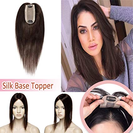 Silk Base Human Hair Toppers for Women Clip in Top Hairpiece Toupee for Thinning Hair Black Brown