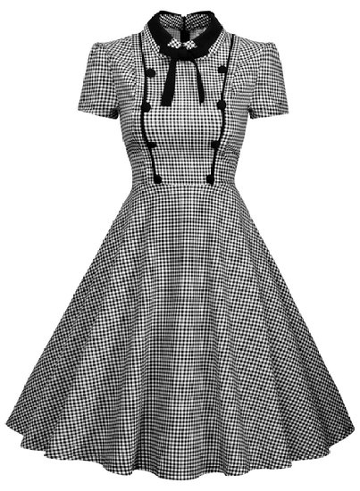 Missmay Women's Elegant Vintage 1940's Short Sleeve Plaid Swing Dress