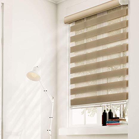 CHICOLOGY Free-Stop Cordless Zebra Roller Shades Dual Layer Combi Window Blind, 45" W X 72" H, Striped Mocha Layer & Privacy