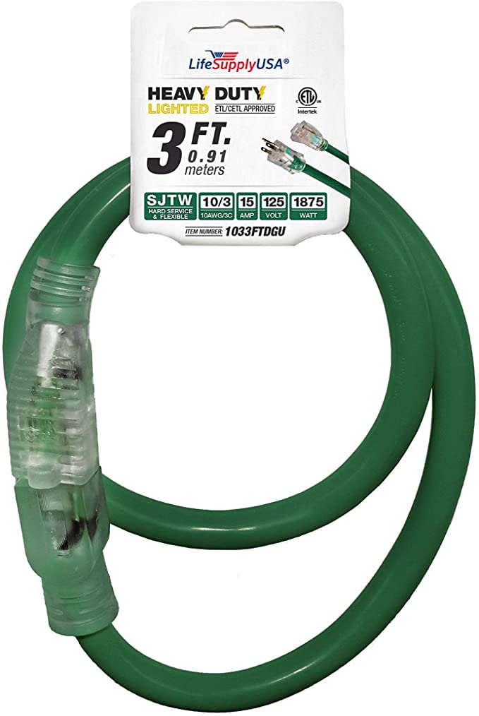 3 ft Extension Cord 10/3 SJTW with Lighted end - Dark Green- Indoor / Outdoor Heavy Duty Extra Durability 15 AMP 125 Volts 1875 Watts ETL Listed - by LifeSupplyUSA