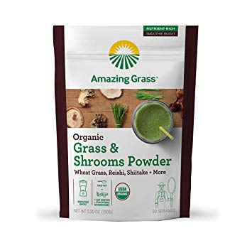 Organic Grass & Shrooms Smoothie Booster with Wheat Grass, Reishi & Shittake Mushrooms, By Amazing Grass, 30 servings bag