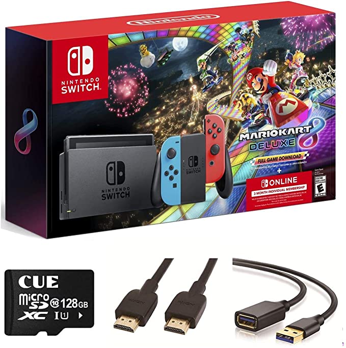 Nintendo Switch with Neon Blue and Neon Red Joy-Con - Mario Kart 8 Deluxe(Full Game Download) - 3 Month Nintendo Switch Online Membership, Christmas, w/CUE Accessories