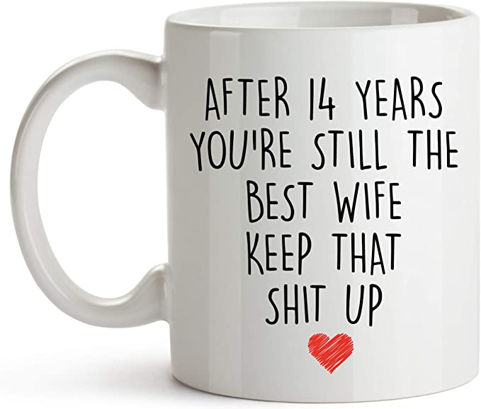 YouNique Designs 14 Year Anniversary Coffee Mug for Her, 11 Ounces, 14th Wedding Anniversary Cup For Wife, Fourteen Years, 14th Year