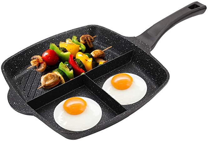 3 Section Divided Pan, Ejoyway 11.4’’x11.4’’ 3-in-1 Breakfast Pan Nonstick Triple Divided Grill/Griddle/Frying Pan Meal Skillet Aluminum Cooker Pan Suitable for Gas Stove & Induction Cooker