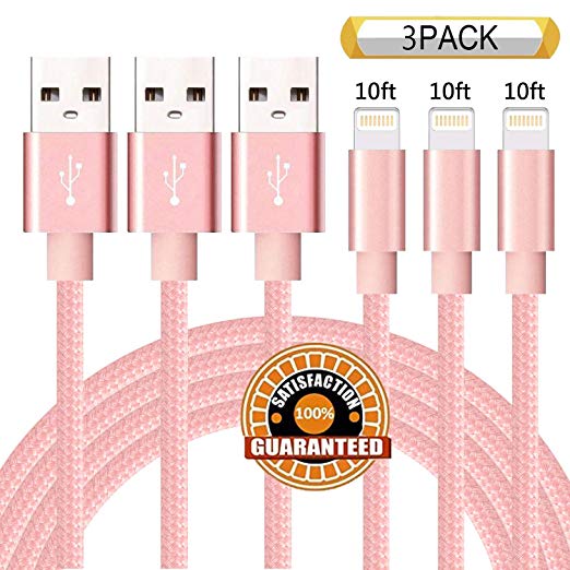 iPhone Charger,Dabenie MFi Certified Lightning Cable 3 Pack 10FT Extra Long Nylon Braided USB Charging & Syncing Cord Compatible iPhone Xs/Max/XR/X/8/8Plus/7/7Plus/6S/6S Plus/SE/iPad/Nan - Pink