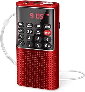 PRUNUS Portable Pocket Radio FM Small Battery Radio with Recorder, Lock Key, SD Card Player, Rechargeable Battery Operated(Red)