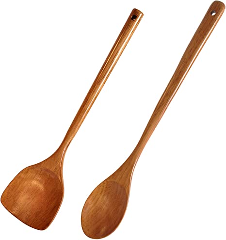 Kitchen Cooking Utensils 2 PCS 16.5inch Long Handle Wooden Spoon Spatula Mixing Spoon and Spatula for Cooking