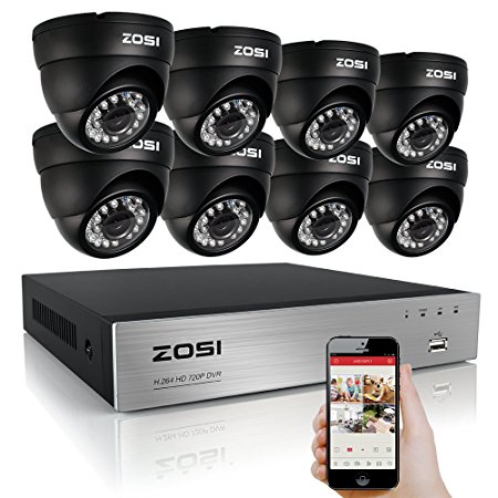 ZOSI 8Channel 720p H.264 Network CCTV DVR Outdoor 1280TVL Video Home Security Surveillance IR Cut Day Night Camera System Support 3G Mobile Phone view (Black)