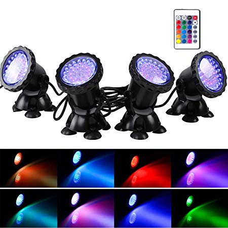 MUCH Underwater Pond Light Remote Control Waterproof IP 68 Submersible Spotlight with 36 LED Bulbs 7.5 W Multi-Color Spot Light for Aquarium Garden Pond Aquarium Tank Fountain Waterfall (Set of 4)