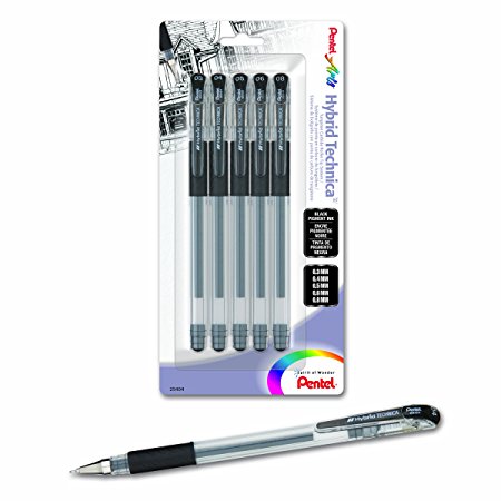 Pentel Arts Hybrid Technica Gel Pen with Assorted Tip Sizes, Black Ink, Pack of 5 (KN10BP5A)