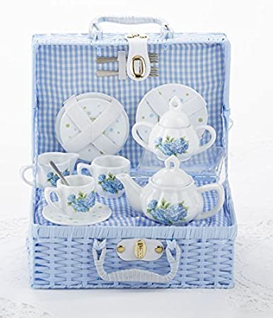 Delton Child's Porcelain Tea Set for 2 in Wicker Basket Hydrangea NEW