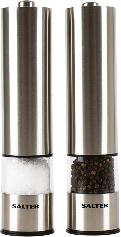 Salter 7528 SSXR Rechargeable Salt and Pepper Mills with USB Cable, Easy One Hand Operation, Ceramic Mechanism, Adjustable Fine to Coarse, Stainless Steel Finish, Plastic, Silver