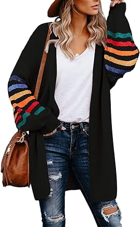 Dokotoo Women's Long Open Front Cardigans Striped Color Block Loose Knit Sweaters Outwear Coat