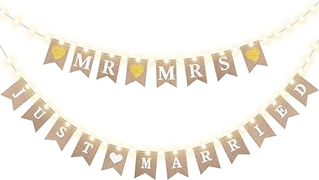 Mr and Mrs Just Married Burlap Banner, Wedding Bunting Banner with LED Fairy String Light 8 Flicker Mode, Hanging Sign Garland Pennant Photo Booth Props for Bridal Shower Wedding Engagement Party