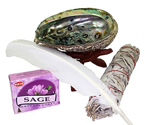 Large Abalone Shell Smudging Kit, Wood Stand, Sage Smudge Stick, Incense & Feather by Blue Water Crystals