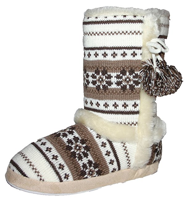 Womens Girls Dunlop Farrah Faux Fur Lined Fairisle Boot Slippers Sizes 3 - 8