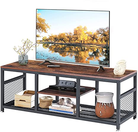 VECELO TV Stand up to 55 Inches Entertainment Center Media Console Open Storage, Industrial Coffee Table with Metal Frame for Living Room and Bedroom, 47 Inch, with Shelf, Rustic Brown Black