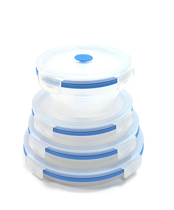 SAMMART Set of 4 Collapsible Silicone Food Container - Portable Food Storage box - Foldable Lunch Box - Stackable Outdoor Picnic Box - Space Saving Lunch Case - Round
