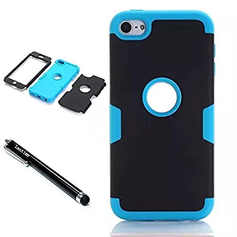 iPod Touch 6th Generation Case,Lantier 3 Layers Verge Hybrid Soft Silicone Hard PC Plastic TUFF Triple Quakeproof Drop Resistance Protective Case Cover with Stylus Palm Black/Blue