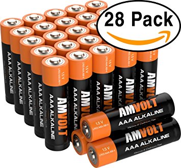 28 Pack AmVolt AAA Batteries [Ultra Power] Premium LR3 Alkaline Battery 1.5 Volt Non Rechargeable Batteries for Watches Clocks Remotes Games Controllers Toys & Electronic Devices - 2020 Expiry Date