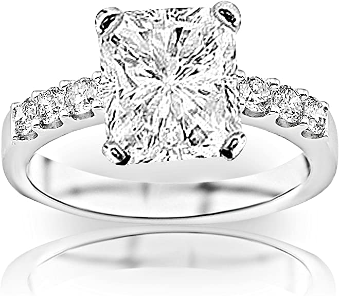 GIA Certified 0.98 Carat Radiant Cut/Shape 14K White Gold Classic Prong Set Diamond Engagement Ring 4 Prong with a 0.50 Carat, D-E Color, VVS1-VVS2 Clarity Center Stone