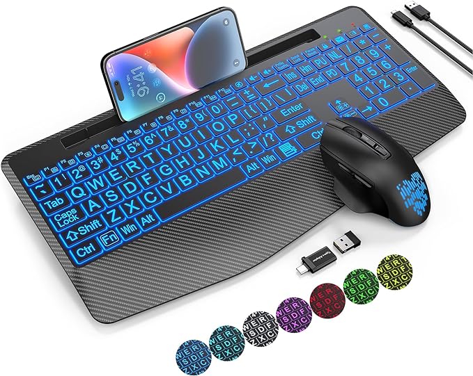 Wireless Keyboard and Mouse Combo - Large Print, 7-Color Backlit, Wrist Rest, Jiggler Mouse, Rechargeable, Ergonomic with Phone Holder, Silent Light Up Combo for Windows, Mac, Chrome OS -by SABLUTE