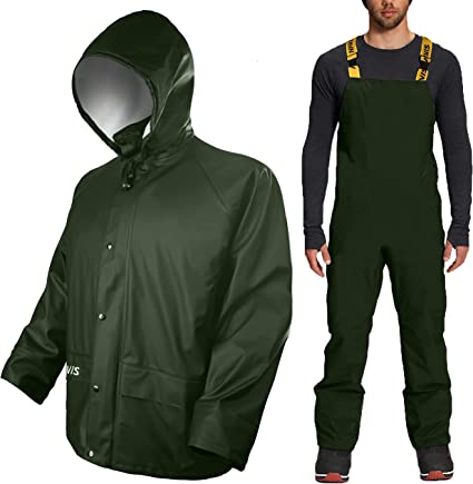 FWG Rain Suit Gear for Men Heavy Duty Waterproof Workwear Jacket and Bib Pants with Hood