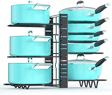 Pan Organizer Rack for Cabinet, Pot and Pan Organizer for Cabinet with 3 DIY Methods, Adjustable Pan Pot Rack with 8 Tiers, Upgraded Heavy Duty and Deep U-shaped Design with Obstructed Slip Layer