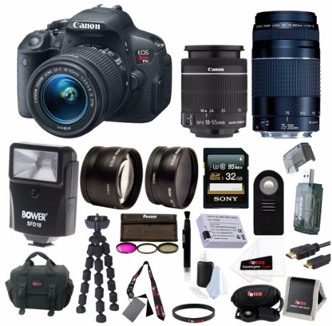 Canon EOS Rebel T5i Digital SLR with 18-55mm STM   75-300mm EF III Lens   2.2x Pro Telephoto Lens   0.43x Wide Angle Lens   Slave Flash   32GB SDHC Deluxe Accessory Kit
