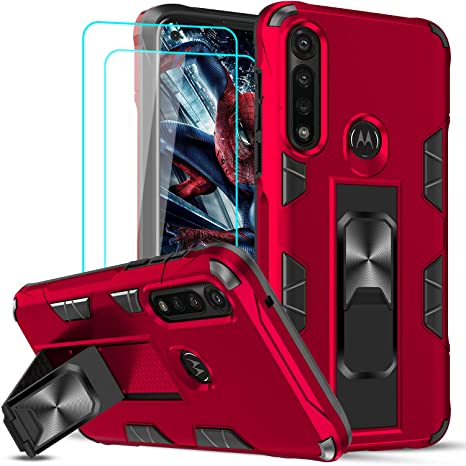 Moto G Power Case, Motorola G Power Case with Tempered Glass Screen Protector [2 Pack], LeYi Military-Grade Shockproof Built-in Kickstand Magnetic Car Mount Protective Case for Moto G Power, Red