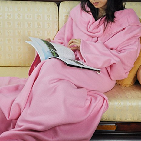 Vktech® Supper Home Winter Warm Fleece Snuggie Blanket Robe Cloak with Sleeves (Pink)