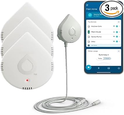 Moen 920-005 Flo Smart Water Leak Detector, White, 3-Pack with 3-Pack 6-Foot Leak Sensing Cable