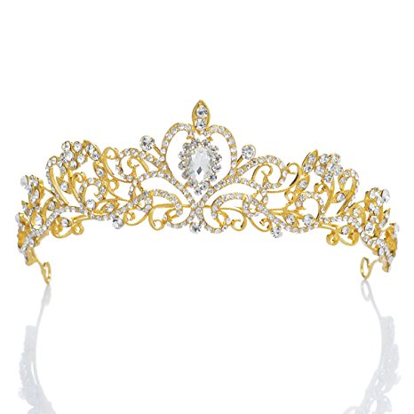 Topwedding Rhinestones Diamante Wedding Crown Crystal Bridal Tiara Headpieces Headband Gold Color