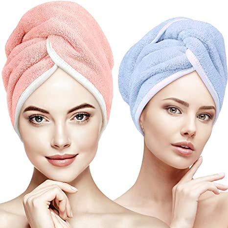 Hair Towel Wrap, WJZXTEK Microfiber Towel Super Absorbent Quick Hair Drying Towel for Women Girls Wet Hair Drying, Anti Frizz Hair Turban for Curly, Long, Thick Hair, 2 Pack
