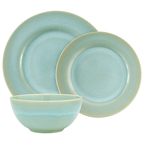 Rivet 18-Piece Stoneware Plates and Bowls Dinnerware Set, Service for 6, Turquoise Glaze