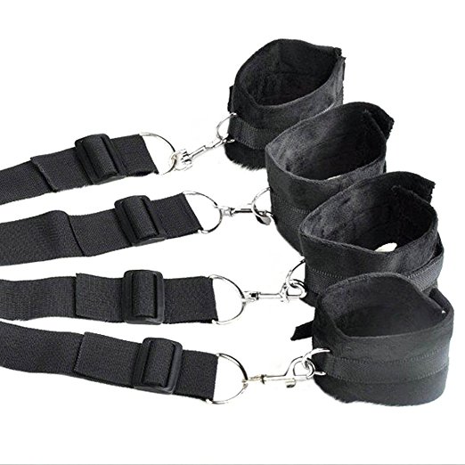 Shootmy SM Sex Toy Under the Bed Restraint System Neoprene Bed Restraints Kits Durable Portable Large Straps with Steel Hooks Attached with Handcuffs and Ankle Cuffs(Black)